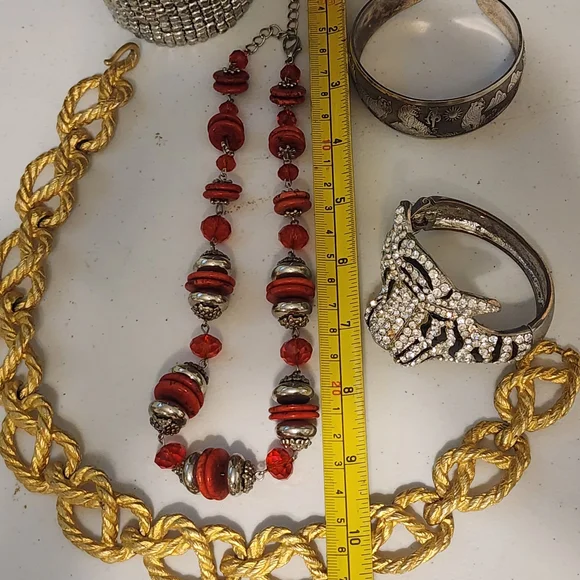 Bold Gold Chunky Knot Red Silver Tone Necklace Tiger Rhinestone Bracelets Huge - Picture 13 of 16